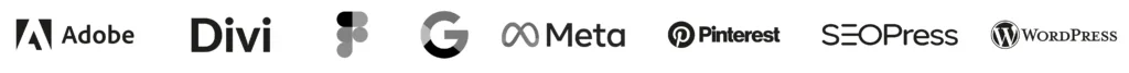 Logos : Adobe, Divi, Figma, Google, Meta, Pinterest, SEOPress, WordPress.